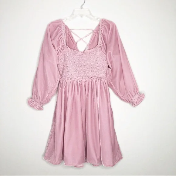 Free People Daphne Velvet Sleeve mini Dress Balloon ruffle sleeves blush pink - Picture 2 of 13